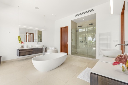 Alternate view of the primary ensuite bath with a separate walk-in shower.