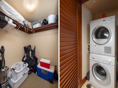 Thoughtfully organized laundry and gear closet keeps everything within reach for island adventures.