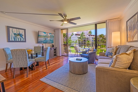 Open living and dining space at Kaanapali Shores 213 with breezy lanai access.