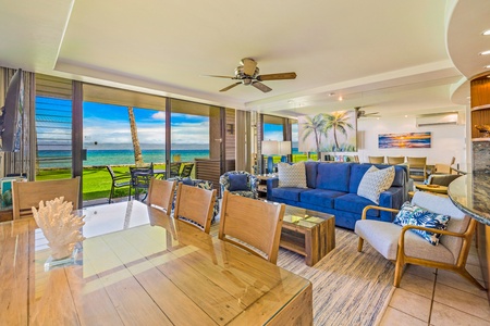 Dining area with ocean views, offering a perfect setting for enjoying meals with a picturesque backdrop