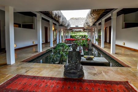 Serene indoor garden with a central water feature and Buddha statue.