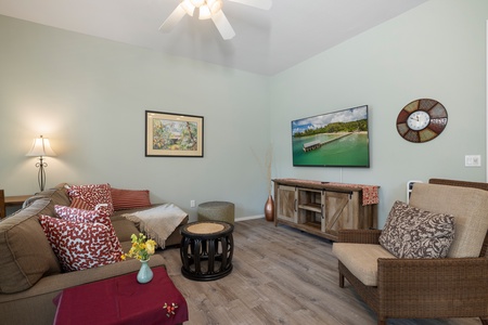 Bright and airy living area with island charm, perfect for restful nights and lazy mornings.