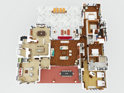 3D rendering of the full estate interior with open-concept living and resort-style flow.