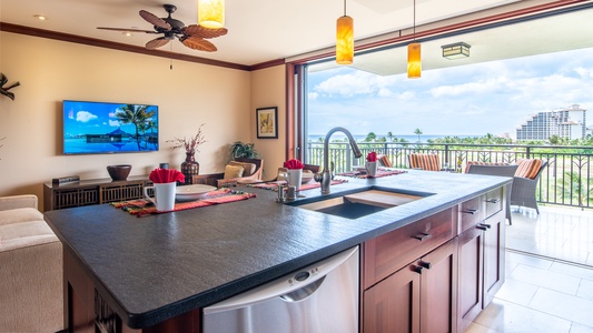 Every culinary adventure starts with panoramic views from this fully equipped kitchen.