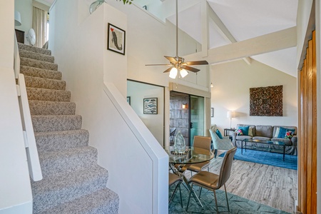 View of the dining space flowing into the living area.