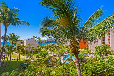 This view offers a picturesque snapshot of tropical paradise, with swaying palm trees, vibrant greenery, and a sparkling pool