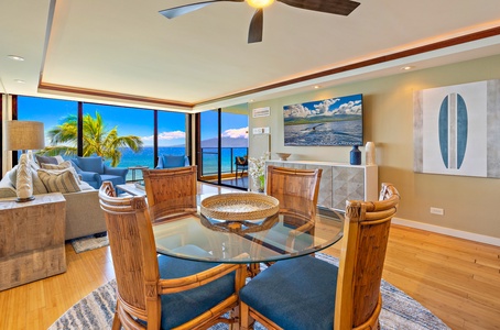 Enjoy your meals with a breathtaking ocean view in this bright and inviting dining area.