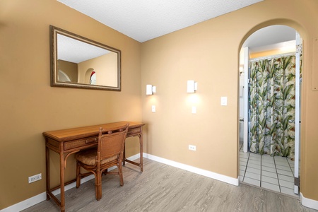 Desk setup to journal, work remotely, or catch the ocean sounds.