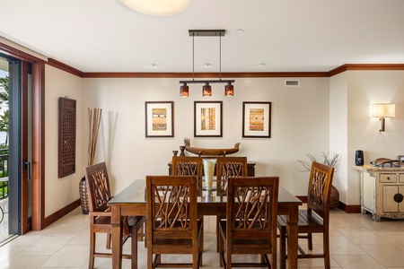 The dining room is tastefully decorated warm tones.