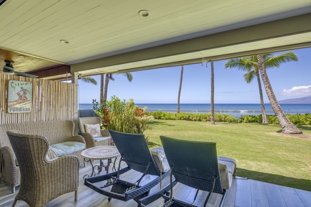 Unwind on the lanai with panoramic oceanfront views, where paradise meets relaxation.