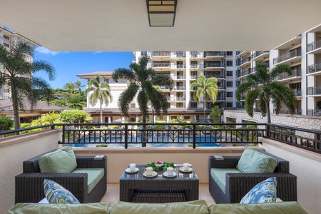 The spacious lanai overlooking the lap pool at the resort.