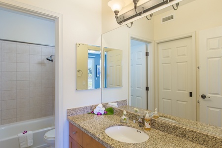 Primary en suite bathroom with walk-in closet to the left.