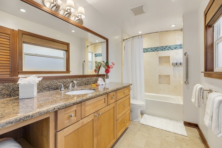 Spa-inspired primary bathroom with walk-in shower, dual vanity, and warm wood accents for a relaxing escape.