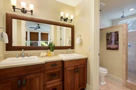 Guest bathroom with elegant finishes and ample counter space for convenience.