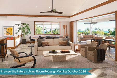 Sneak peek of the new living and dining room interior coming this October—relax in a reimagined space with all-new furnishings and luxurious bedding.