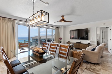 Sunlit dining with ocean views at Honua Kai Hokulani 825—Maui living at its finest.