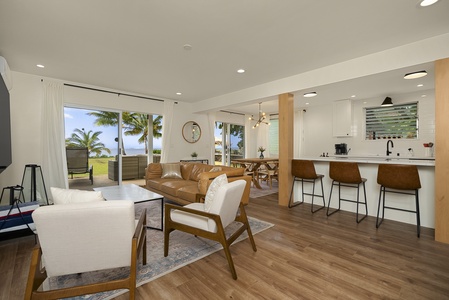 Open-concept living space with modern decor and a view of the outdoors.