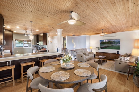 Designed for long stays, the open-concept layout blends dining and lounging with island-style ease and flexibility for any group.