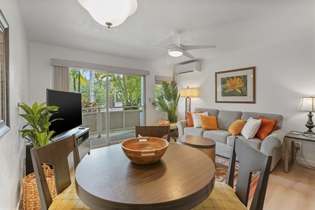 The dining space has views to the lanai.