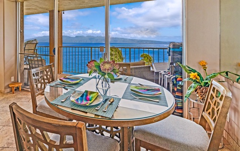 Enjoy meals with a stunning ocean backdrop from Royal Kahana 610's dining area, perfect for relaxing and taking in the view.