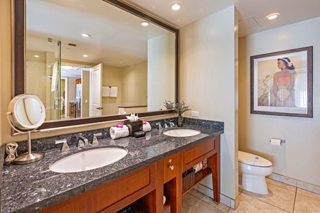 Dual vanity at Hokulani 214—spacious, stylish, and perfect for two.