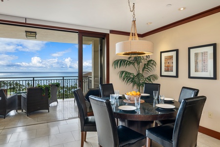 The open concept design provides sunset views whether on the lanai or dining space.