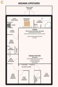 Study this detailed upstairs floor plan showcasing multiple bedrooms, bathrooms, kitchen, and living spaces for your group getaway.