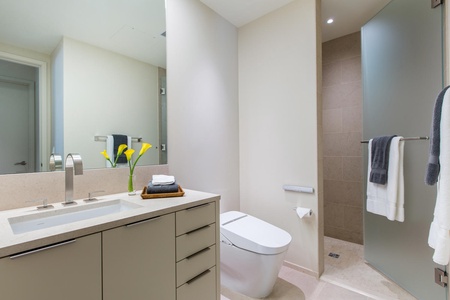 Refresh in the upscale guest bathroom, complete with walk-in shower, premium finishes, and easy access from the guest suite.