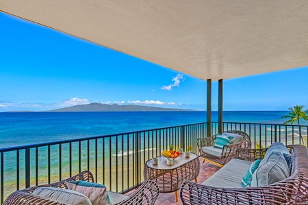 Ocean views await from Kaanapali Shores 702’s lanai—relax in Maui paradise.