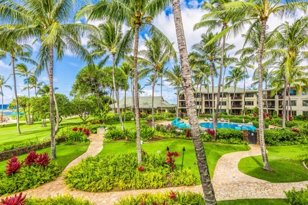 Paths wind through the lawn between the buildings, the pool set off among the palms.