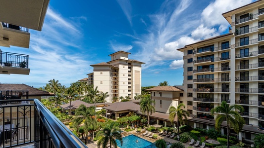 A view of palm trees and the aqua blue pool from the lanai.