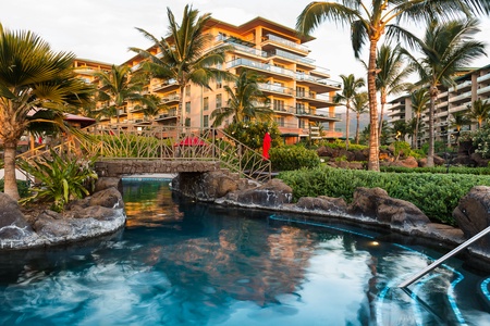 Sunset reflections over the pool at Hokulani 214—the perfect end to a Maui day.