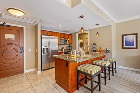 Fully stocked kitchen at Hokulani 214—perfect for easy meals and gatherings.