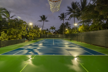 Stunning nighttime ambiance around the private tennis court.