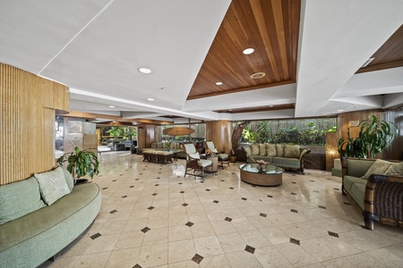 Island-style lobby offers a peaceful, air-conditioned lounge space for a warm Hawaiian welcome or midday reset.
