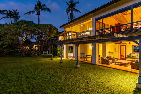 The home glows at night, offering a warm and inviting retreat after a day of island adventures.