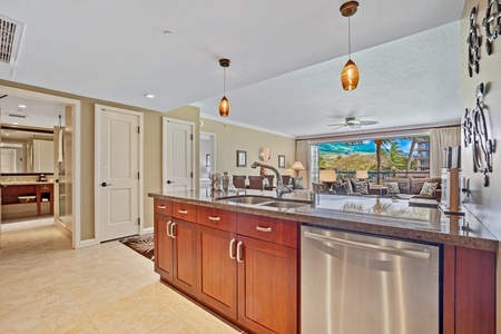 The open kitchen design flows seamlessly into the living area, perfect for entertaining while enjoying the view.