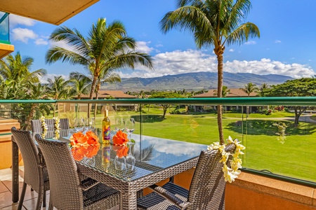 Enjoy your morning coffee on the lanai of Honua Kai Konea 206 with garden and ocean views.