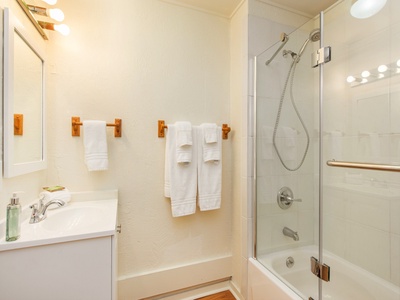 The guest cottage full bath offers a refreshing walk-in shower and modern amenities.