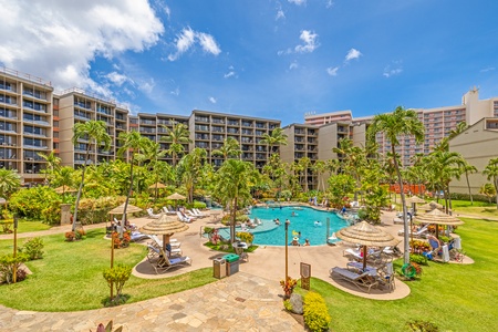 Tropical views from Kaanapali Shores 544 overlook palm trees, lush gardens, and the pool.