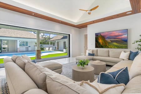 Comfortable seating in the great room, perfect for unwinding while gazing out at the sea.