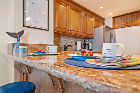 Start your day at Mahana 1118’s granite breakfast bar with coffee and a relaxed oceanfront vibe.
