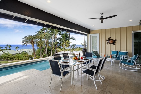 Dine al fresco on the lanai, enjoying the tropical breeze and poolside views.