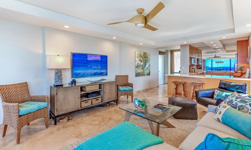 Kick back at Mahana 1119 with a movie or music in this cozy space near the kitchen.