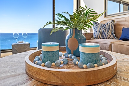 Mahana 1118’s coffee table tray adds coastal flair with ocean-inspired décor.