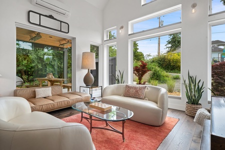 Relax in the cozy living space after a hike or morning coffee run—steps from downtown Fairhaven.
