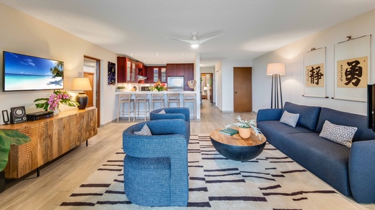 Enjoy seamless flow from kitchen to living room in this open-concept design ideal for entertaining and unwinding together.