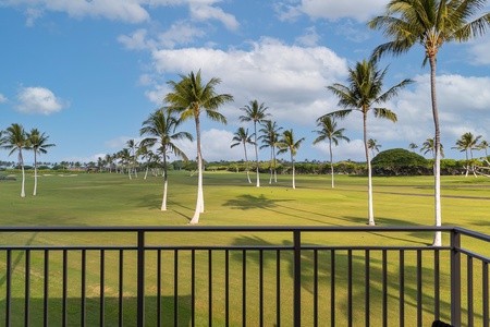 Start your mornings with swaying palm trees and tranquil golf course views from the lanai at Fairways Villa 104A.