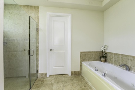 Roomy primary bathroom with jacuzzi tub and walk-in shower