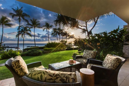 Private oceanfront lanai at your Ko Olina Beach Villa B109 for perfect sunsets and twilight drinks.
